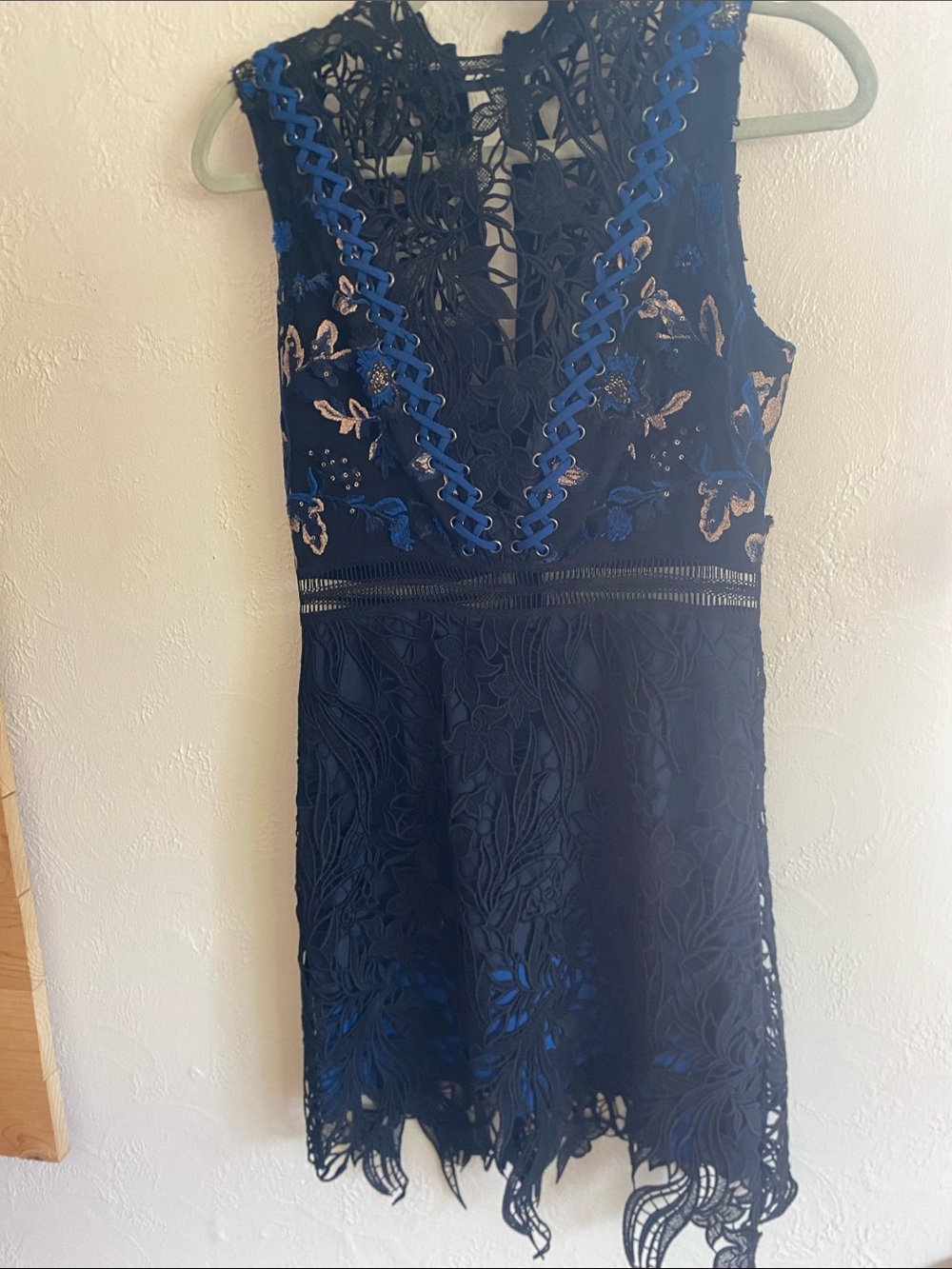 Self-Portrait Navy Lace Mini Dress with Blue and Gold Embroidery